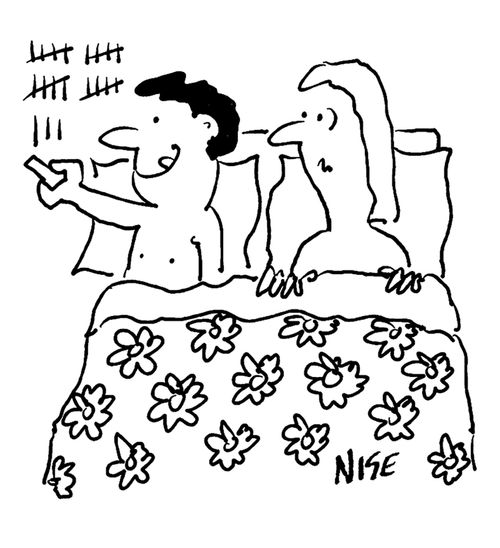 Boyfriend scores notches on wall by bed.