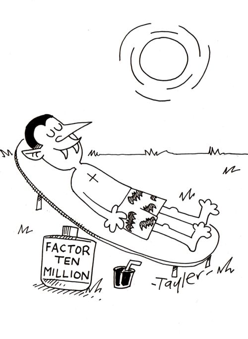 Sunbathing vampire with factor 10 million sun lotion.