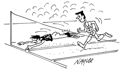 Athlete nearly reaches finish line after his trousers fall down.