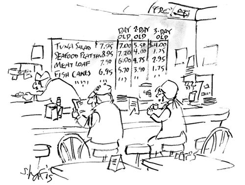 Restaurant menu board: 'Day old - 2 day old - 3 day old'