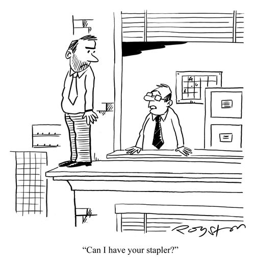 Man prepares to jump from building. Colleague says: 'Can I have your stapler?'