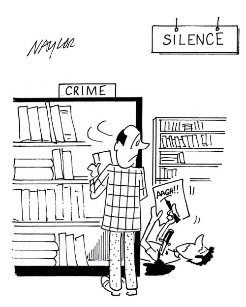 Man stabbed in crime section of library, writing 'AAGH!' on piece of paper.