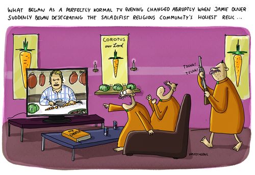 'What began as a perfectly normal TV evening changed abruptly when Jamie Oliver suddenly began desecrating the Saladifist religious community's holiest relic... '