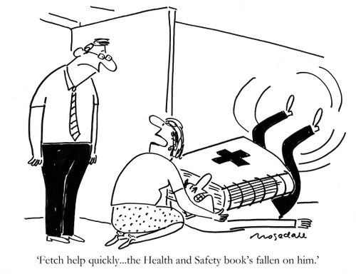 'Fetch help quickly...the Health and Safety book's fallen on him.'