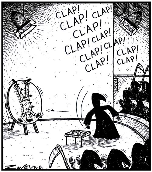 A Grim Reaper knife thrower not missing his target.