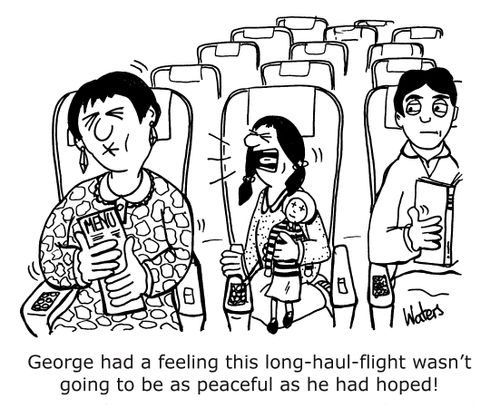 'George had a feeling this long-haul-flight wasn't going to be as peaceful as he had hoped!'