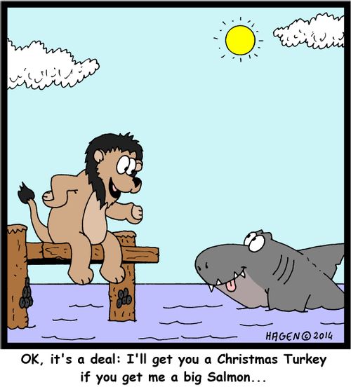 'OK, it's a deal: I'll get you a Christmas Turkey if you get me a big Salmon...'