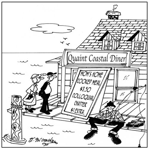 'Quaint Ye Olde Diner,' with a sign 'Mom's home cooked meal, $3.50, Colloquial Native Chatter $1.00 extra.'
