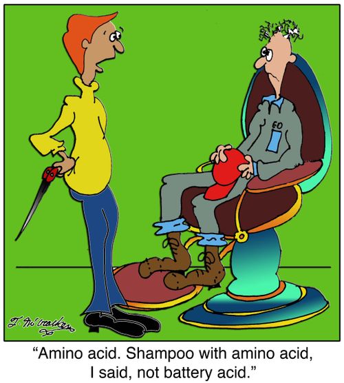 Amino acid. Shampoo with amino acid, I said, not battery acid.