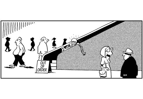 Skeleton on an out of order escalator.