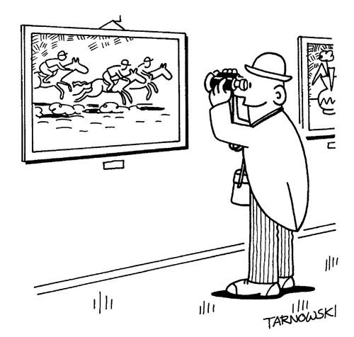 Looking at a picture of a race through binoculars.