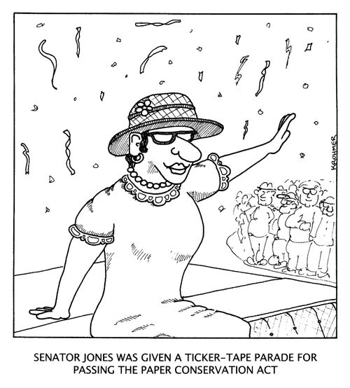 Senator Jones was given a Ticker-tape Parade for Passing the Paper Conservation Act