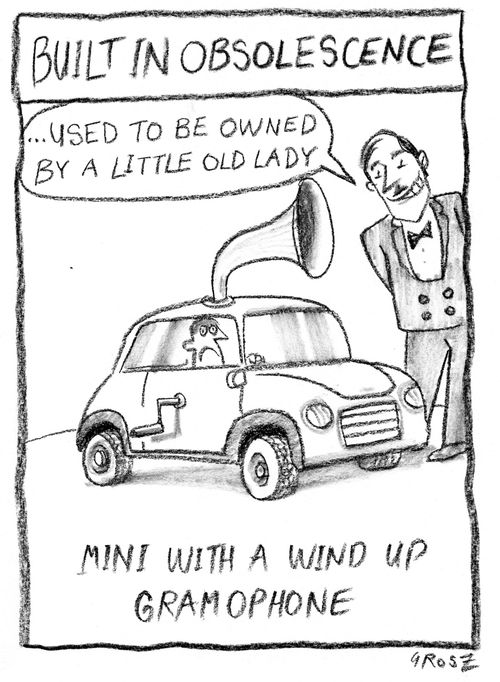 'Built in obsolescence: Mini with a wind up gramophone.'