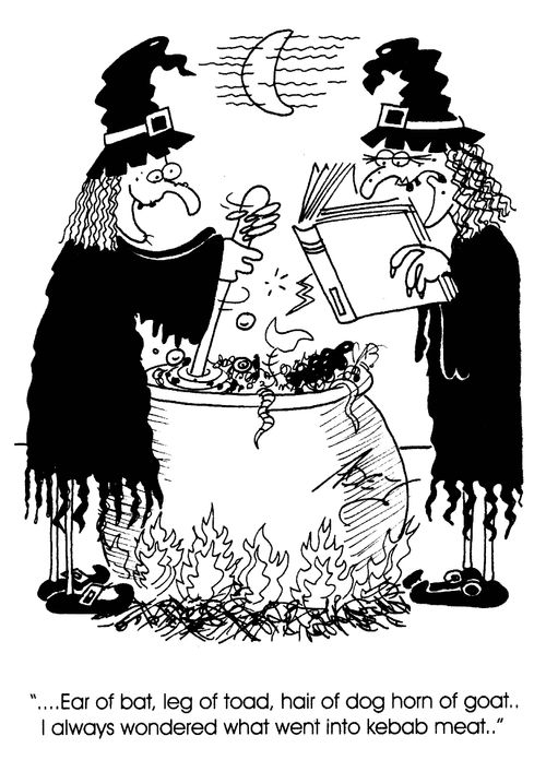 '...Ear of bat, leg of toad, hair of dog, horn of goat...I always wondered what went into kebab meat...'