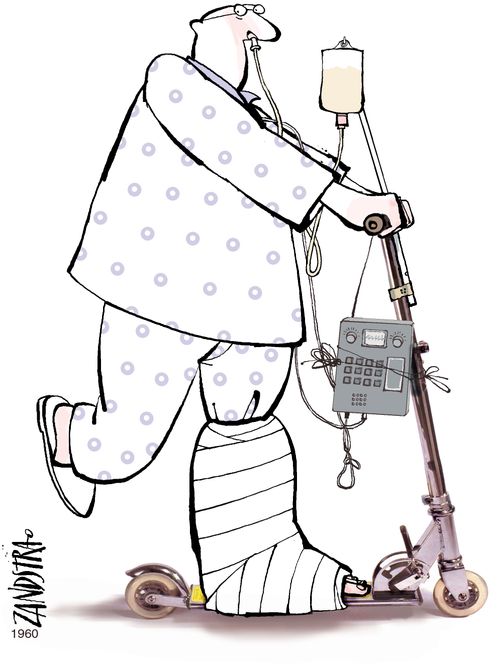 Patient with a drip on a micro scooter.