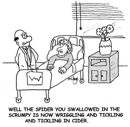 "Well, the spider you swallowed in the scrumpy is now wriggling and tickling in cider."
