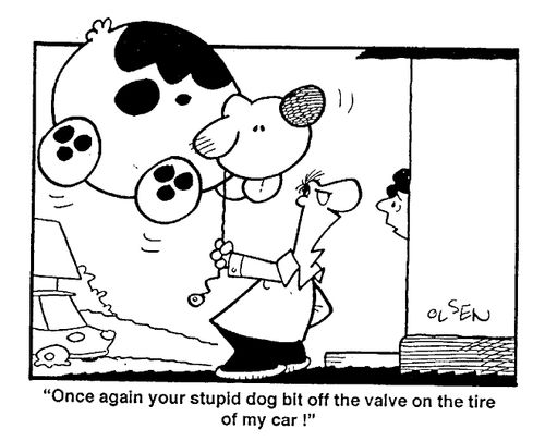 "Once again, your stupid dog bit off the the valve on the tire of my car!"