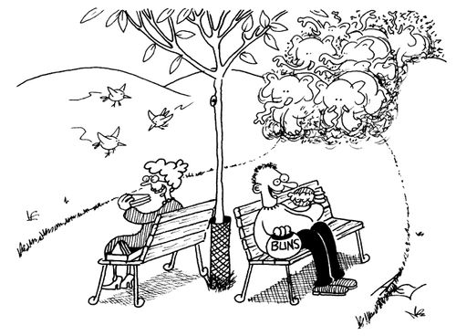 Elephants Stampeding Towards Oblivious People on Park Benches