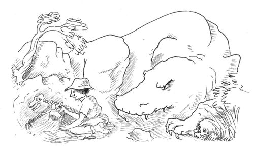 dinosaur lurks behind palaeontologist