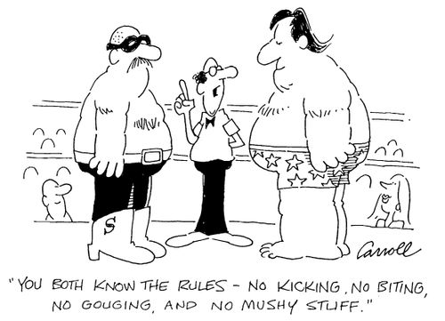 "You both know the rules, no kicking, no biting, no gouging, and no mushy stuff"