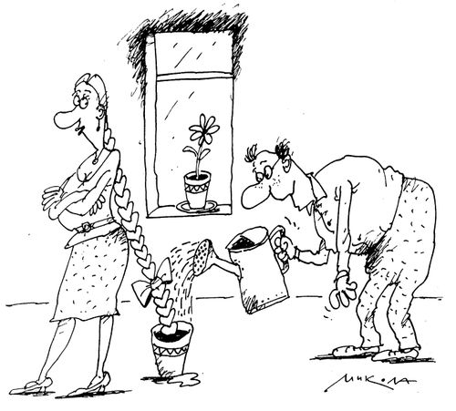 Man watering a plant pot from which a woman's plait is growing