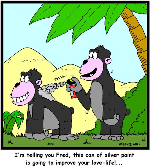 'I'm telling you Fred, this can of silver paint is going to improve your love-life!...'