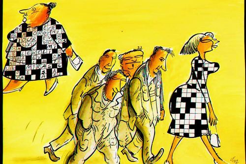Men filling in crosswords on ladies dresses.