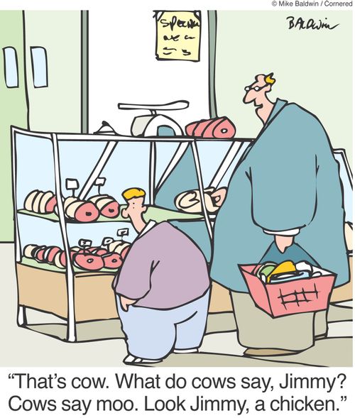 'That's cow. What do cows say, Jimmy? Cows say moo. Look Jimmy, a chicken.'