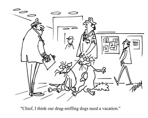 'Chief, I think our drug-sniffing dogs need a vacation.'