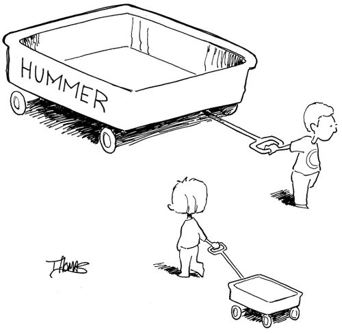Child pulling giant Hummer wagon.