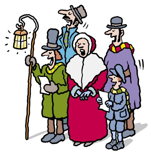 Carol singers in Victorian costume.