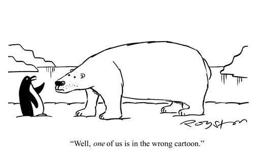 Penguin meets polar bear, saying: 'Well, ONE of us is in the wrong cartoon.'