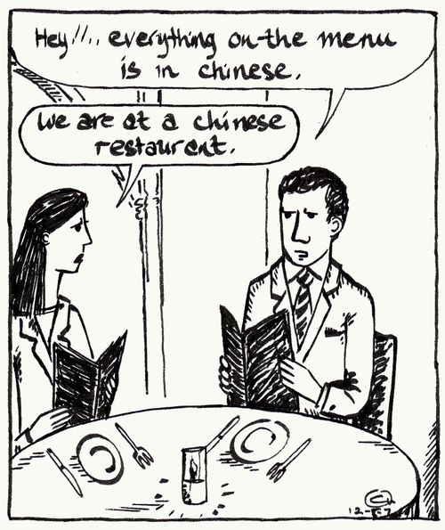 'Hey!! Everything on the menu is in Chinese.'  'We are at a Chinese restaurant