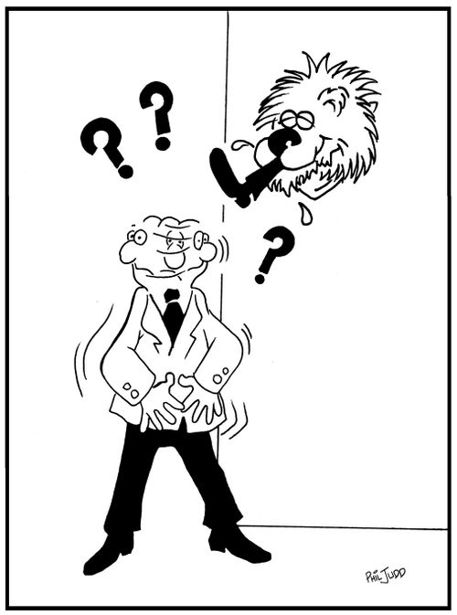 Man looking for missing person. Foot coming out of the mouth of a mounted Lion's head.