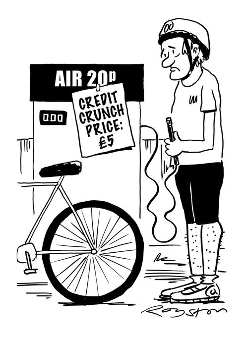 Cyclist dismayed as price of air at pump has gone up from 20p to £5 due to Credit Crunch.