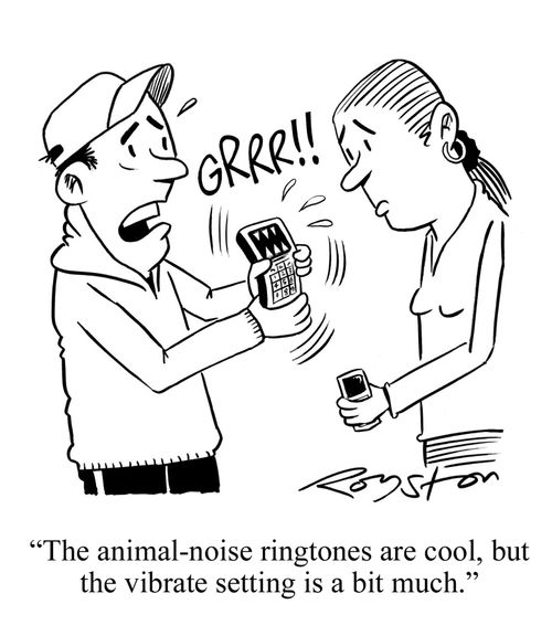 Mobile phone has teeth and writhes about. Young man says: 'The animal-noise ringtones are cool, but the vibrate setting is a bit much.'