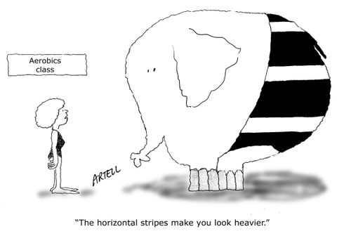 An elephant in an aerobics class wearing horizontal-striped workout tights. Instructor says, 