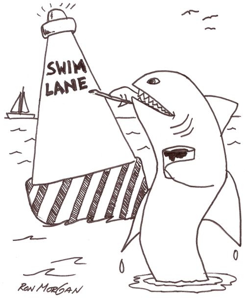 Shark paints 'Swim Lane' on side of buoy.'