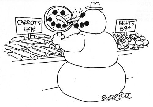 Snowman tries on carrot noses.