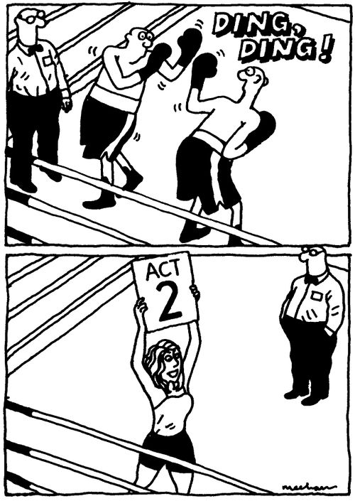 Girl carries 'Act 2' sign in between rounds.