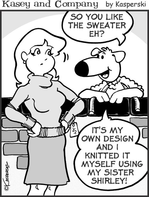 'So you like the sweater? It's my own design and I knitted it myself using my sister Shirley!'