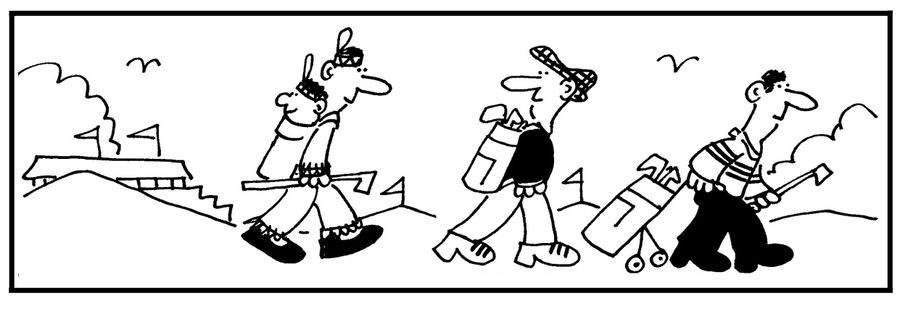 Red Indian carrying a baby in golf bag.