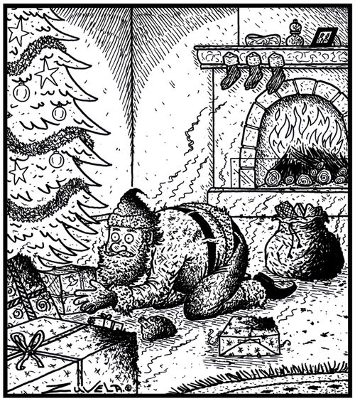 Santa has been burnt coming down a lit fireplace.