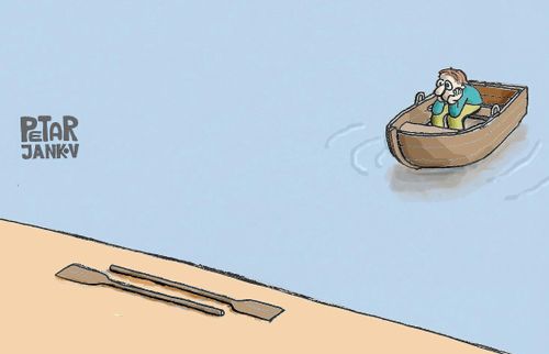 Man stuck in a boat looks longingly at a pair of oars that are on the shore.