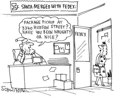 If Santa merged with Fed-Ex: 'Package puckup at 3340 Hudson street? Have you been naughty or nice?'