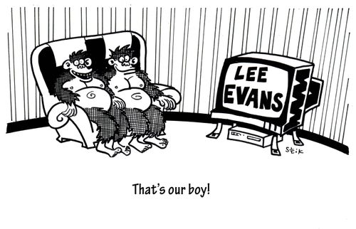 'That's our boy!' (Monkeys watching Lee Evans on TV).