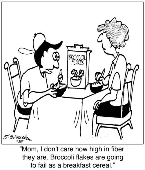 'Mom, I don't care how high in fiber they are. Broccoli flakes are going to fail as a breakfast cereal.'
