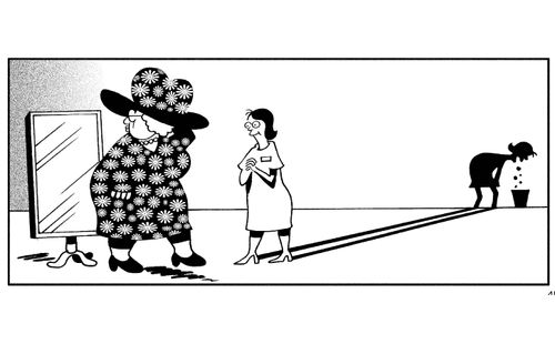 Shop assistant looking at woman wearing a hideous outfit while her shadow is sick in a bucket.