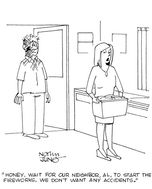 'Honey, wait for our neighbor, Al, to start the fireworks. We don't want any accidents.'