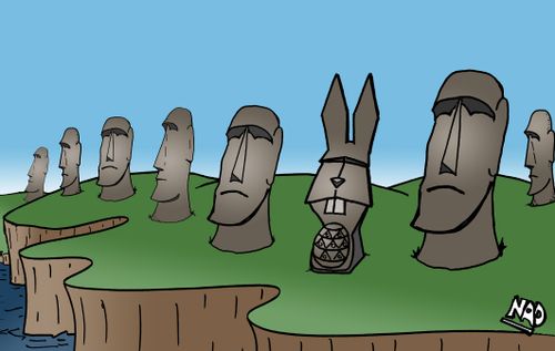 Easter Island with a large statue of the Easter Bunny